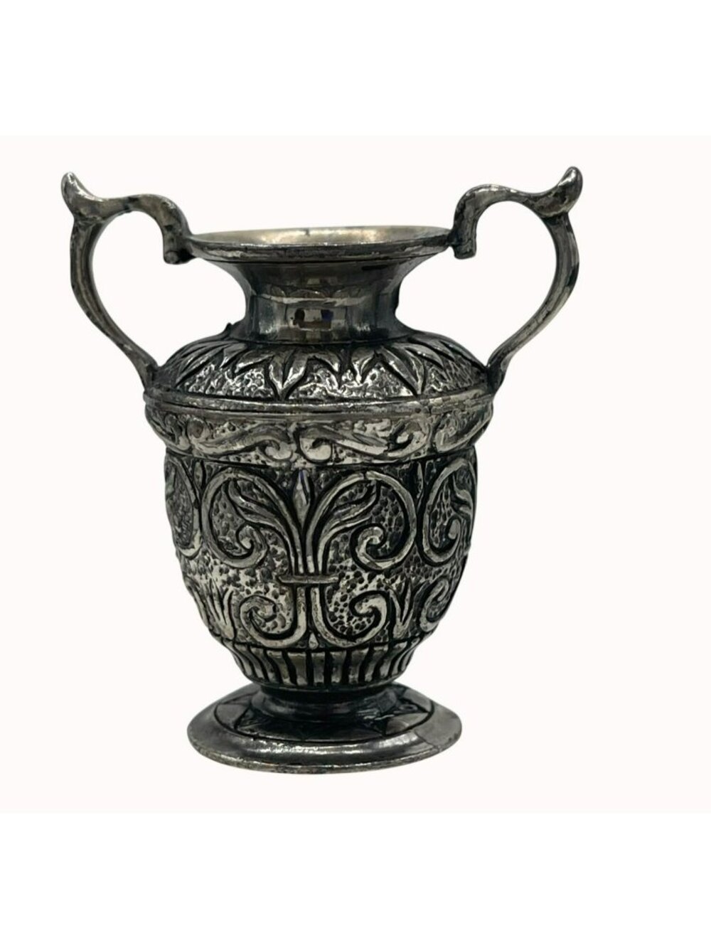 VTG Sterling Silver Minature Amphora Urn Vase, Intricate Repoussé Chiseled Fleur